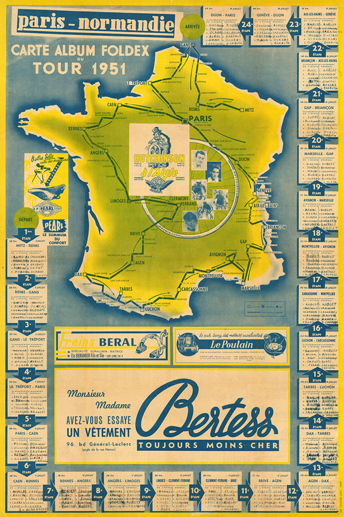 1951 Tour de France Map Poster Souvenir