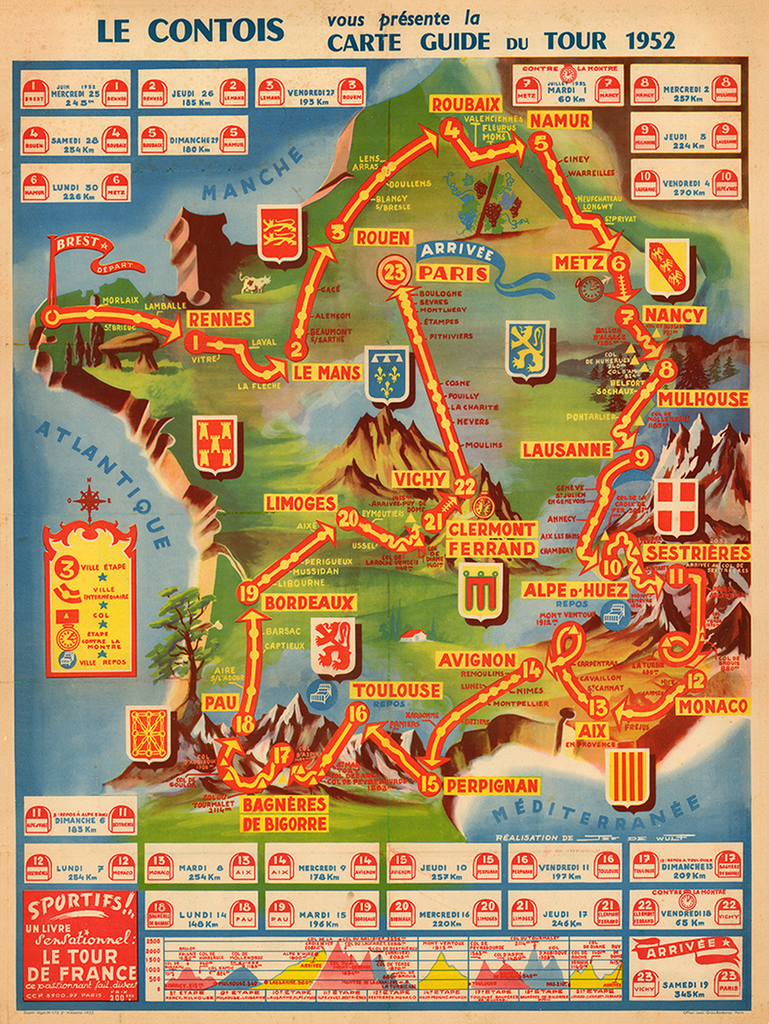 1952 Tour de France Map Poster